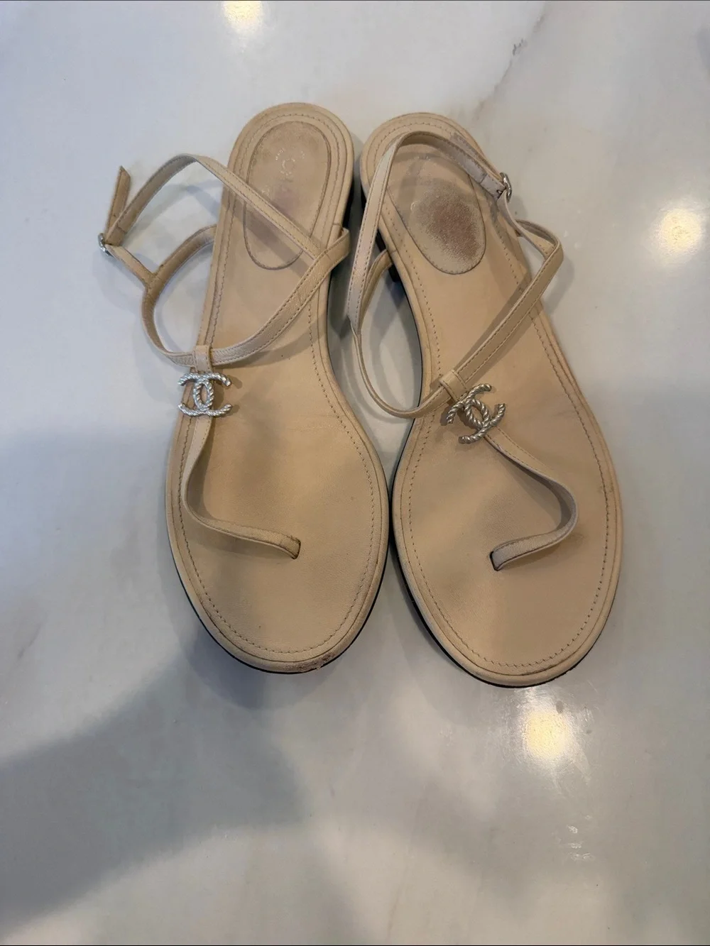 CHANEL Beige Slingback Thong Sandals with CC Logo